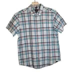 Prana Mens Large Plaid Button Up Short Sleeve Shirt Organic Cotton‎ Blend Casual